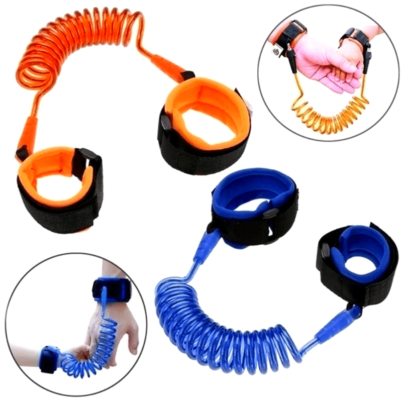 Safety wristband measuring 1.5 meters in length, designed to prevent loss. Features an anti-lost safety harness strap, safety hand rope, anti-lost wrist link, and traction rope.