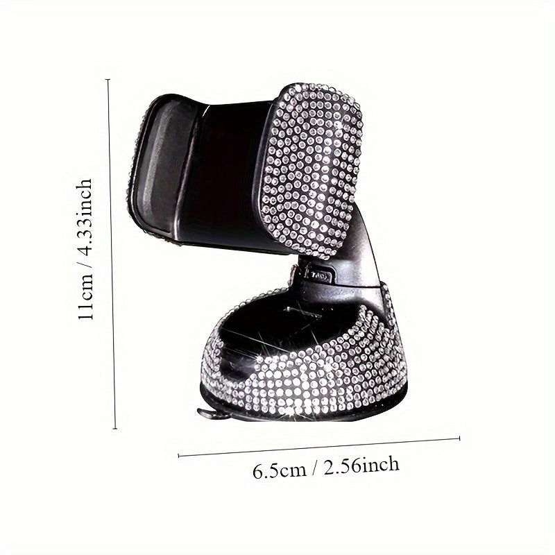 Luxury Rhinestone-Encrusted Car Phone Holder with Sparkling Crystals, Multi-Functional, Rotating Suction Cup Mount for Dashboard & Air Vent in Various Vehicles.