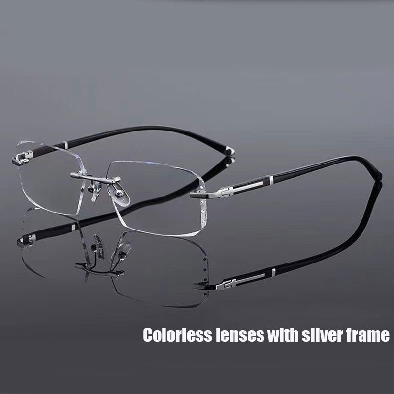 Unisex rimless cut edge glasses with anti-blue clear lenses for business.