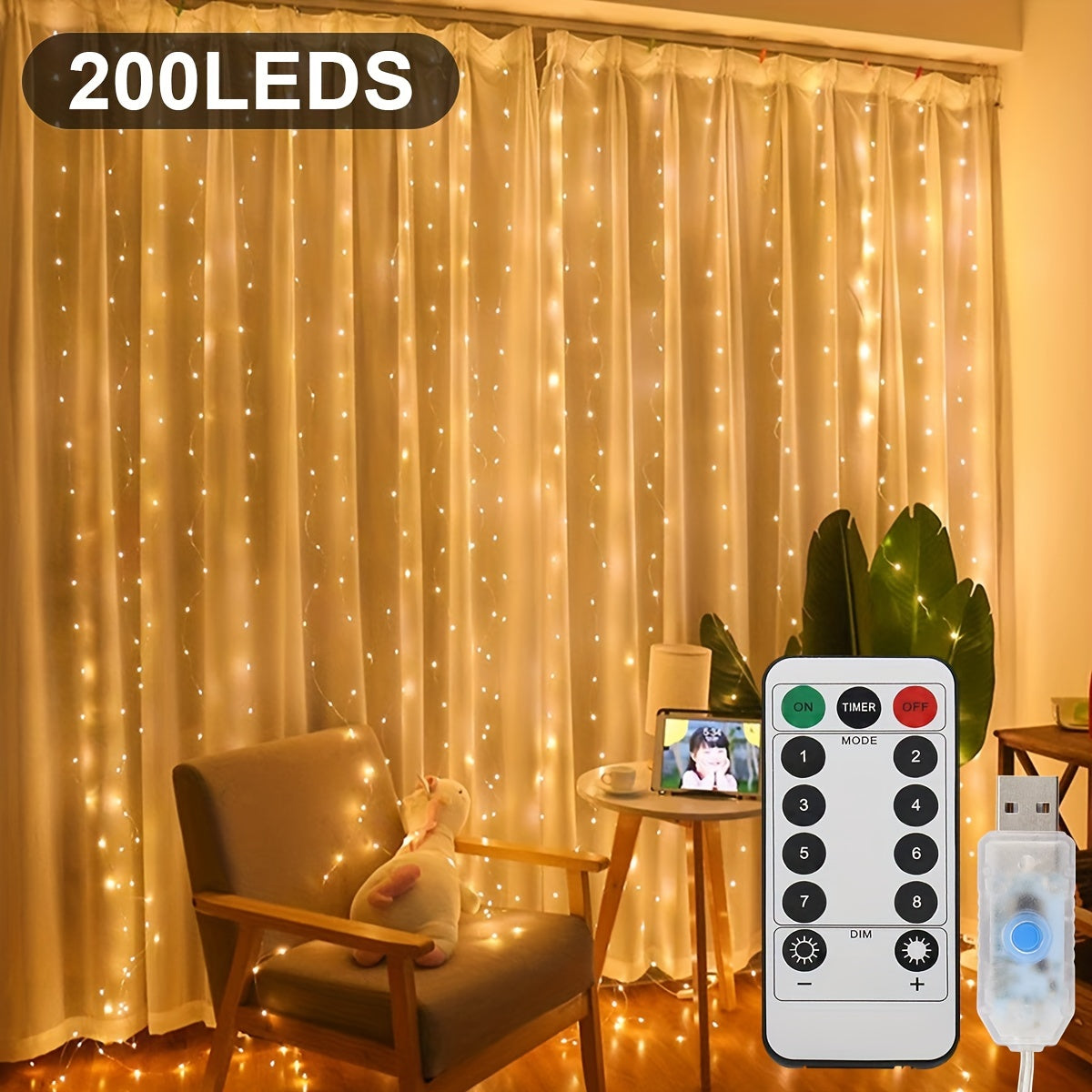 300/200/100 LED Curtain String Lights, 8 Modes, USB Plug In, Copper Wire Lights for Bedroom Window, Halloween, Christmas, Wedding Party.