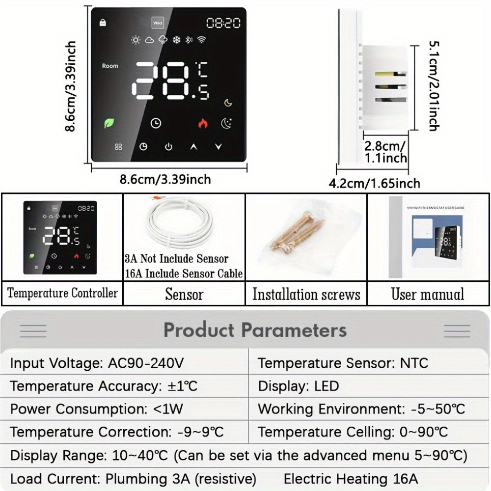 WiFi Smart Thermostat controls electric floor heating, TRV water/gas boiler - flush mount digital temperature sensor. App/Voice control through Alexa/Google Home. Hardwired 220-240V room