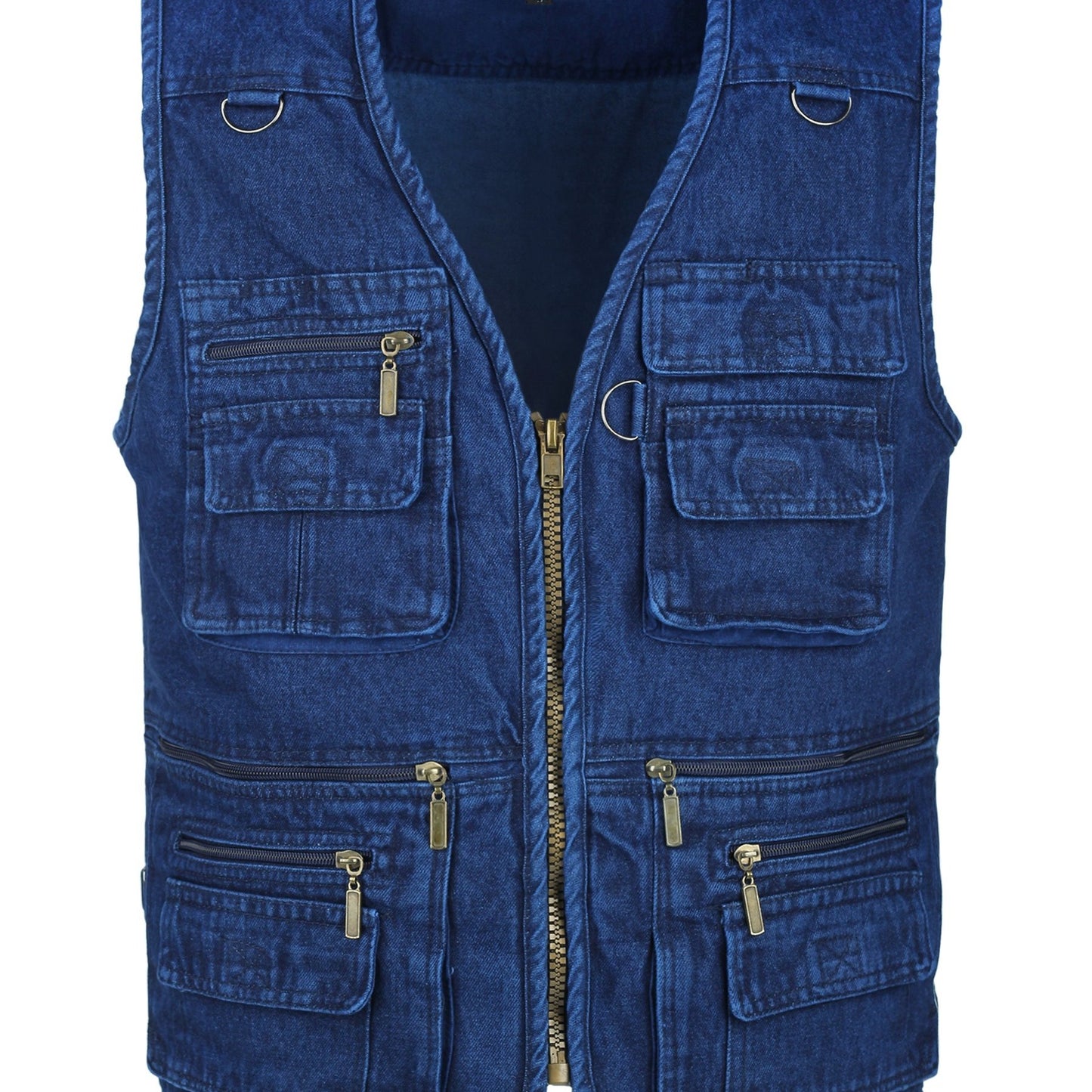 Men's sleeveless denim vest with multi-zipper design, made of 100% cotton. Perfect for outdoor spring and fall wear, casual and trendy.