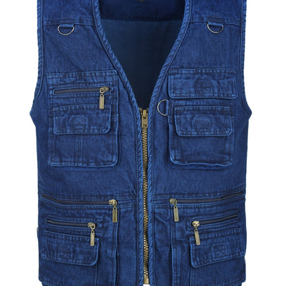 Men's sleeveless denim vest with multi-zipper design, made of 100% cotton. Perfect for outdoor spring and fall wear, casual and trendy.