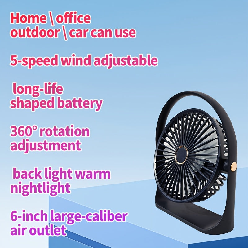 Compact LED table fan featuring a backlight, 6-inch size perfect for personal use. Rechargeable via USB with a long-lasting 1200mAh lithium battery for quiet operation. Great for office, fishing, camping, and travel. Makes an ideal gift for Father's Day