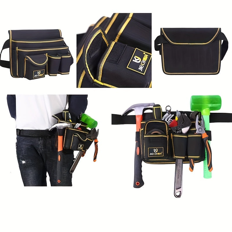 Multifunctional tool waist bag made of waterproof Oxford cloth, with a buckle closure and convenient hook and loop tape for easy access.