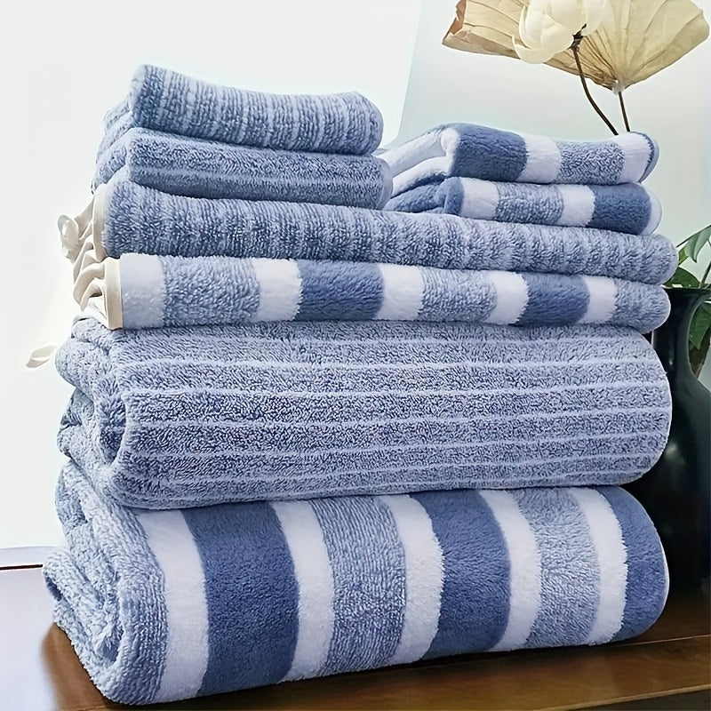 8-piece Striped Bath Towel Set with face, hand, and bath towels for hotel, sports, travel, fitness, and yoga. Soft, absorbent, and quick-dry. Ideal bathroom essentials with decorative towel