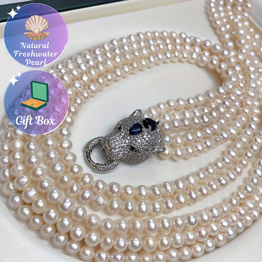 Sophisticated Multi-Layered Freshwater Pearl Necklace with Stylish Leopard Head Clasp - Versatile White Statement Piece for Day or Night, Ideal Valentine's Day Present