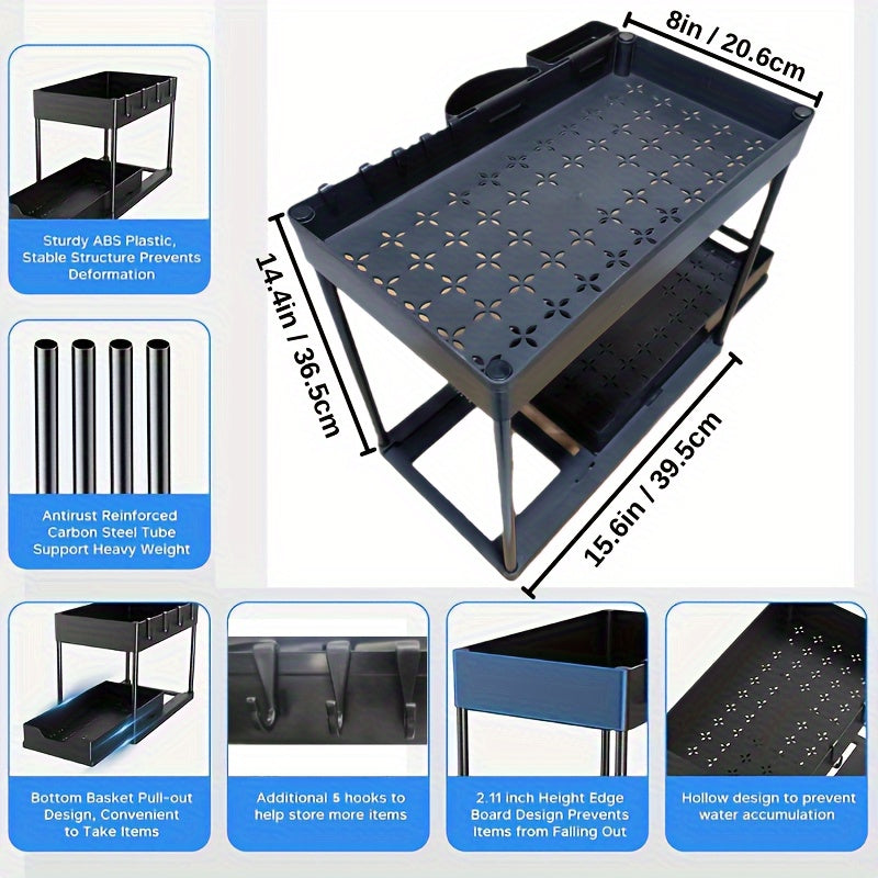 Организуйте пространство на кухне и в шкафах в ванной с помощью нашего двухъярусного органайзера под раковиной, оснащенного выдвижной корзиной, крючками и вместительным ящиком.
