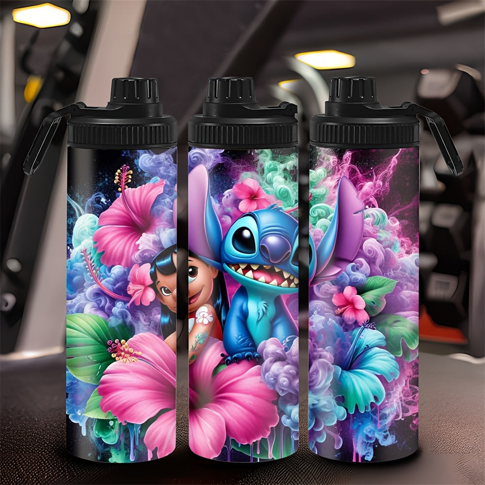 20oz stainless steel water bottle with Stitch and Lilo design, lockable lid, BPS-free, ideal for hot & cold beverages, perfect for outdoor travel, reusable & durable - great Christmas and birthday gift option.