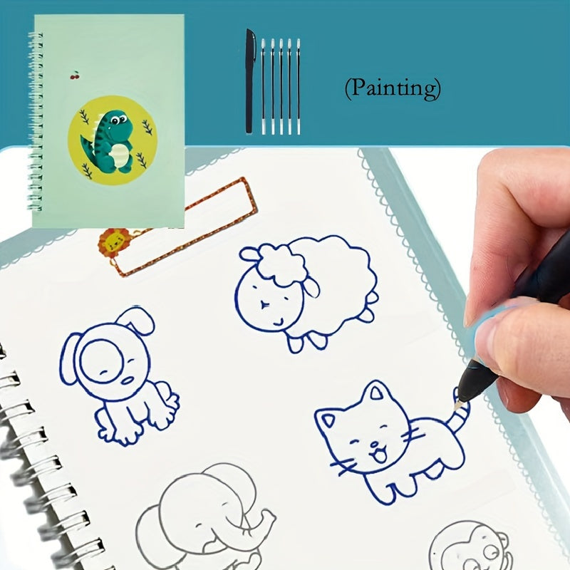 Educational copybook with reusable write-over pages for kids, featuring colorful illustrations and pen holder with varying colors.