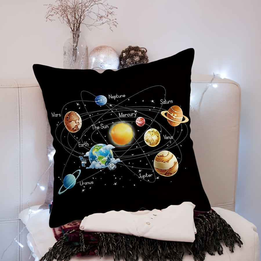 Solar System themed throw pillow cover made of polyester, measuring 44.96x44.96 cm. Features a contemporary style with a single-sided galaxy print including planets and stars. Machine washable with a zip closure for easy removal and cleaning. Perfect for