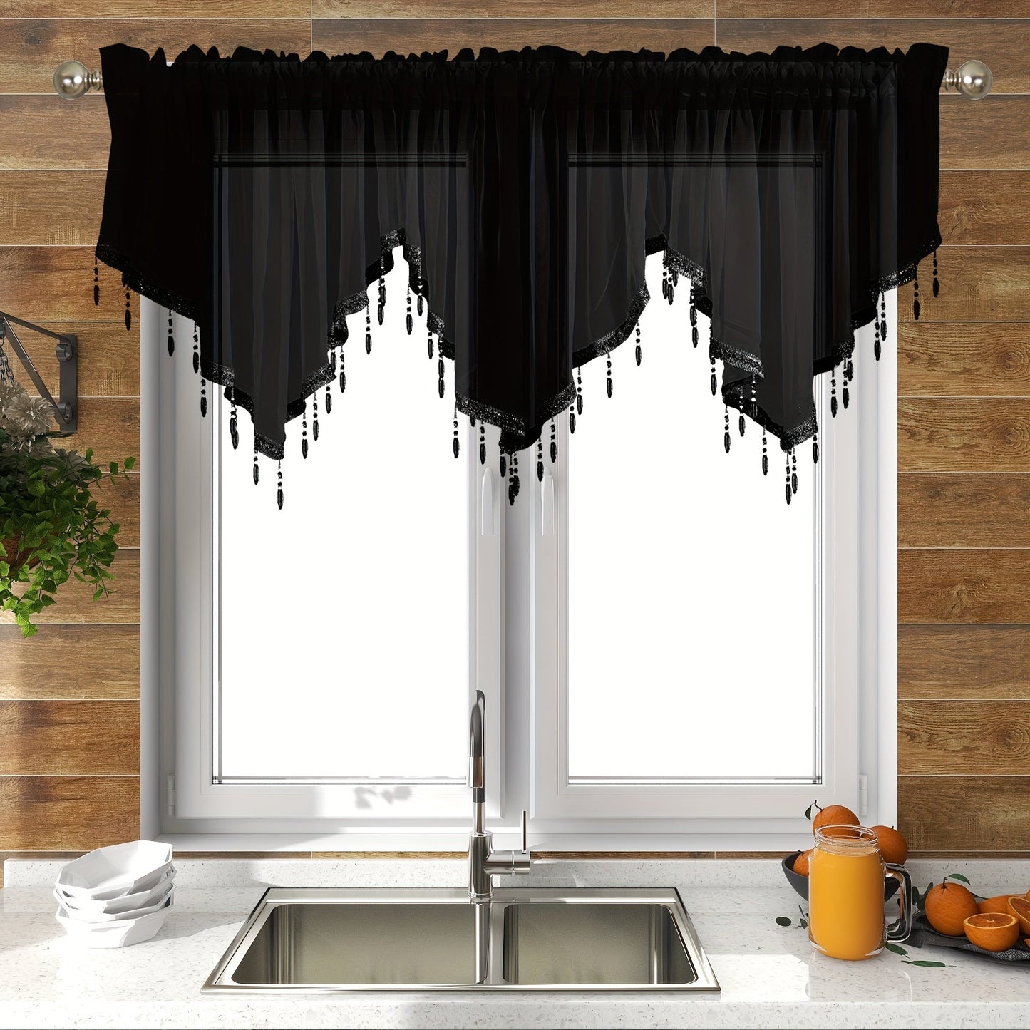 1 Chic Semi-Sheer Triangle Curtain Panel with Tassels - 129.54cm x 60.96cm, Solid Color, Easy Rod Pocket Design for Hanging - Ideal for Kitchen, Living Room, Bedroom - Comes in Various Colors