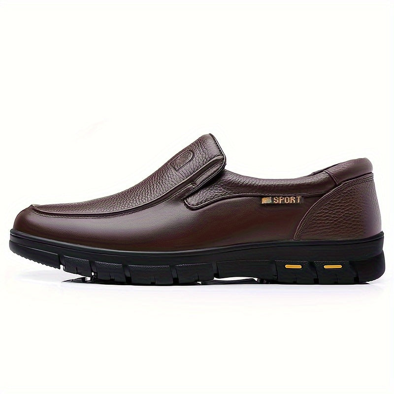 Men's slip-on business casual shoes made with head layer leather, PU lining, rubber sole, and fabric insole.