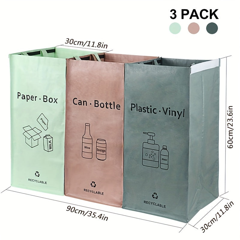 Set of 3 Reusable Recycling Bags, Multipurpose Recycling Bin Set, Waterproof Plastic Waste Sorter, Unfinished Design, Perfect for Home, Kitchen, Office Use, Suitable for Ages 14 and Up