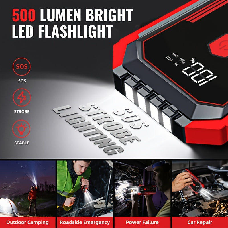 2500A Portable Car Jump Starter with fast charging, LED light, USB QC3.0, suitable for up to 8L gas & 7L diesel engines, and lithium polymer battery.