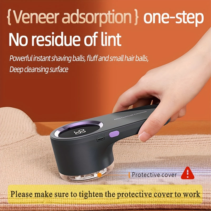 Lint remover ball, rechargeable via USB, fabric shaver/trimmer, power display, ideal for home, travel, and grooming.