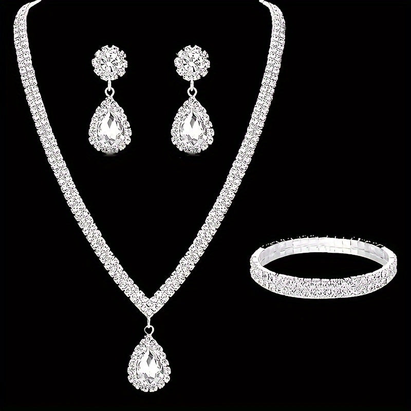 Exquisite Silver Plated Copper Jewelry Ensemble adorned with Sparkling Rhinestones - Stunning Teardrop Earrings, Necklace, and Bracelet Trio - Sophisticated Accessories for Brides & Special Occasions, Ideal Gift for Women during Christmas and Year-Round