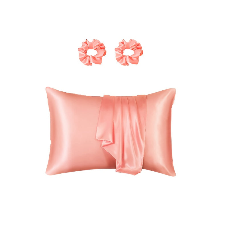 Luxurious satin pillowcase and hair scrunchies with minimalist design. Ideal for home, hotel, or bedroom use. Includes matching set of 2 scrunchies.