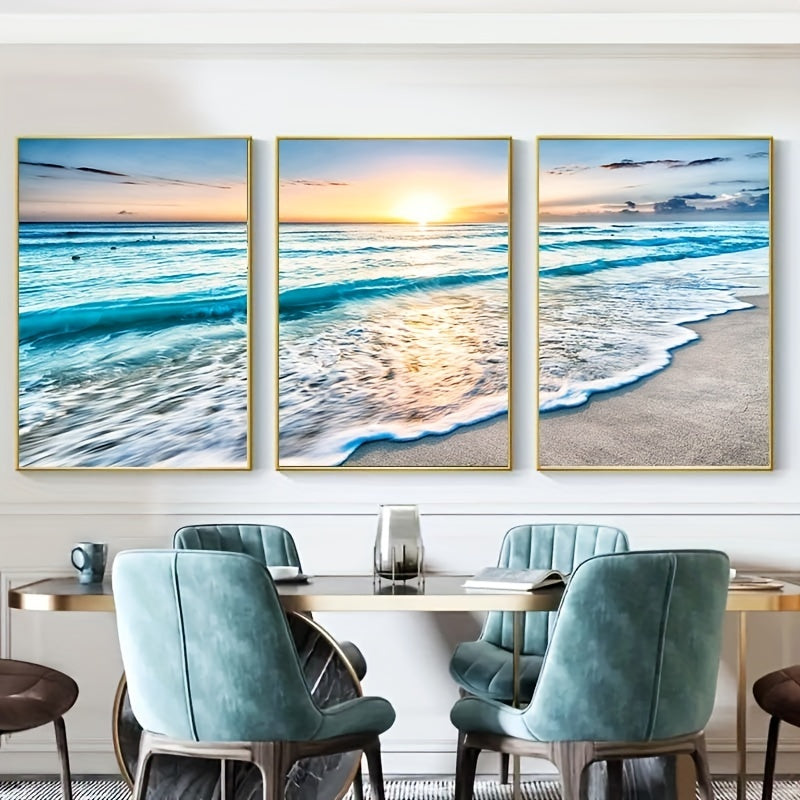 Modern Wave Beach Sunset canvas painting, 3 pieces, sizes 39.88cmx59.94cm, for home decoration in living room or bedroom, frameless.