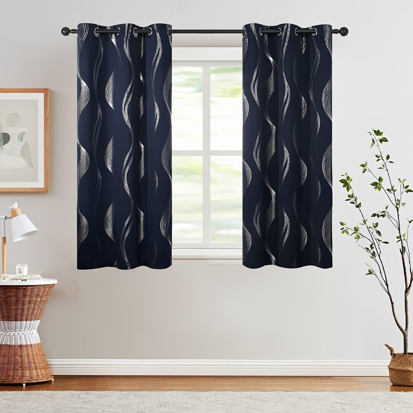 Two pieces of contemporary blackout curtains made from high-quality woven polyester, featuring a grommet top design for easy hanging. These room darkening drapes are machine washable and showcase a fantasy stripe pattern with eyelet detailing. Suitable