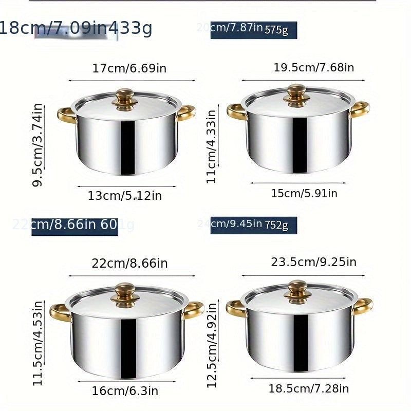 Set of 4 thickened soup pots made from 410 stainless steel with composite bottoms in sizes 18cm, 20cm, 22cm, and 24cm.