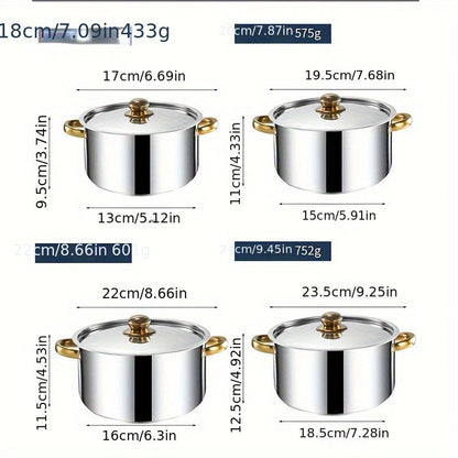 Set of 4 thickened soup pots made from 410 stainless steel with composite bottoms in sizes 18cm, 20cm, 22cm, and 24cm.