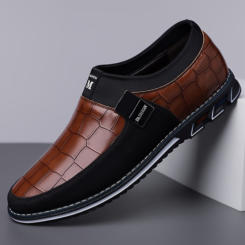 Men's slip-on business casual shoes with synthetic microfiber leather, anti-slip rubber sole, PU inner lining, and low top design for daily wear in spring/fall season.