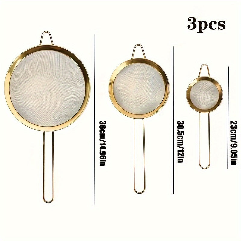 3-piece golden stainless steel strainer set for baking and cooking, perfect for home and restaurant use.