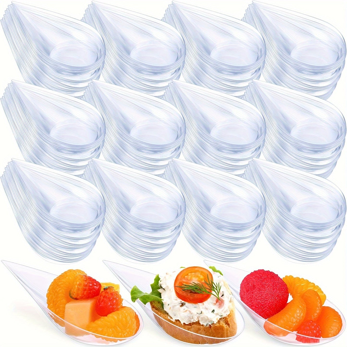 This set includes 50 Tear Drop Appetizer Spoons made of clear plastic, each measuring 4 inches. They are perfect for serving desserts and hors d'oeuvres. These BPA-free and recyclable spoons are ideal for special occasions such as Christmas, Halloween