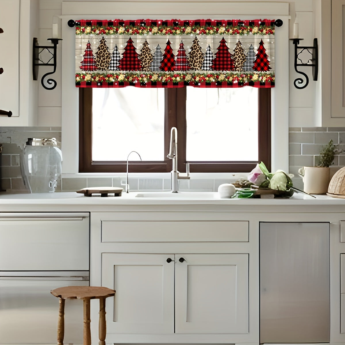 Get into the holiday spirit with our Christmas-themed kitchen valance curtain! This modern brushed fabric window treatment features a festive pine tree and ornament print. The twill weave light-filtering panel is perfect for adding a touch of Christmas