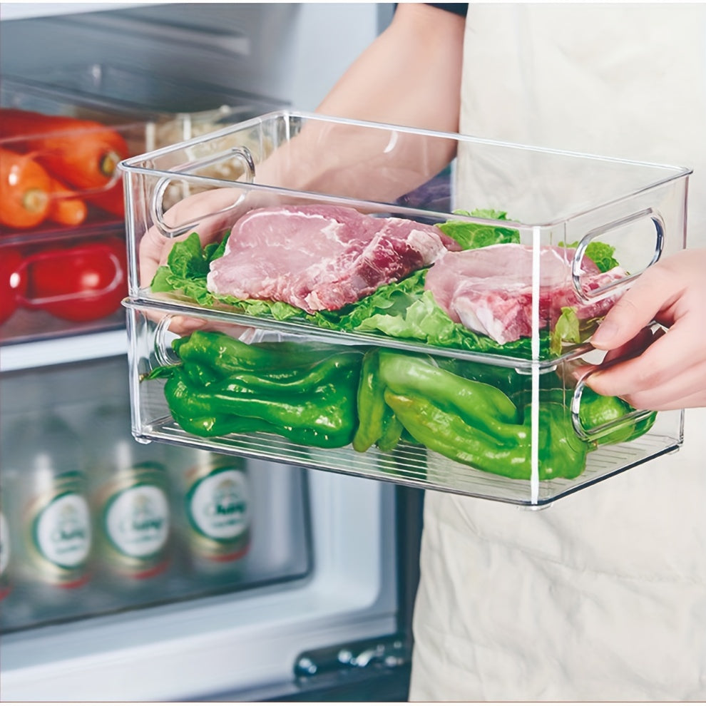 Rectangular Kitchen Refrigerator Organizer Bin made of Transparent Plastic with Handle - Food-Safe Storage Box suitable for Fruits, Vegetables, Meat, Snacks, and Beverages.