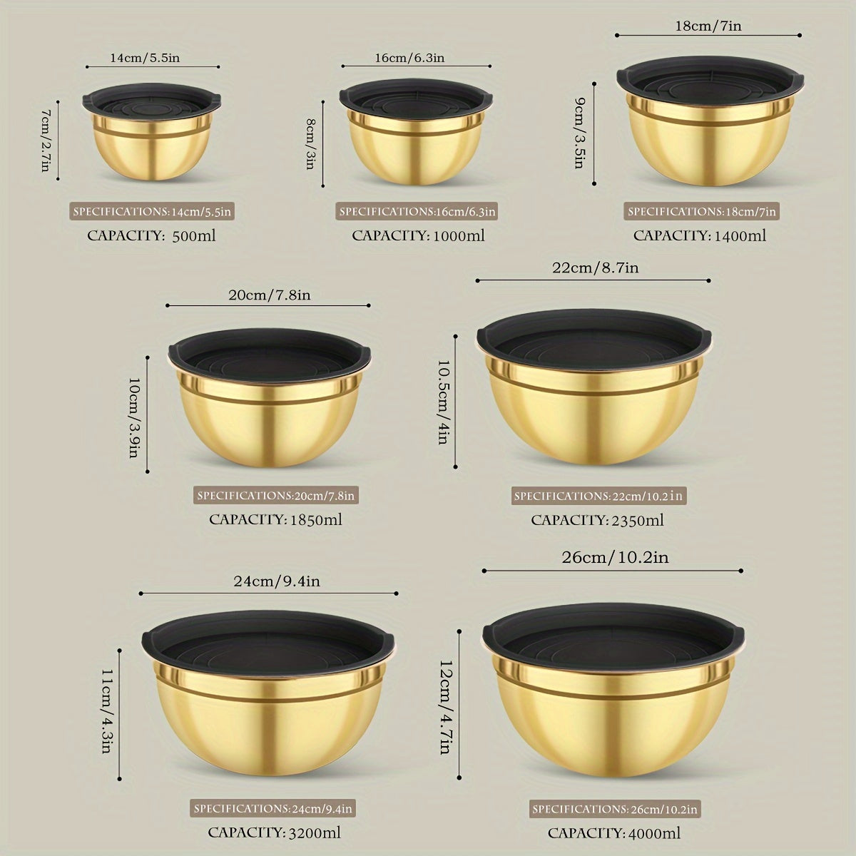 Stainless steel mixing bowl set in gold with lids in white, black, and khaki. Ideal for Christmas serving, baking, preparation, cooking, and serving food. Nested design saves space, dishwasher safe. Available in various sizes from 500ml to 4000ml.