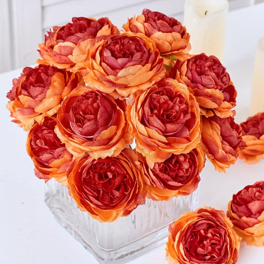 6 Vibrant Peach & Red Gradient Artificial Peony Stems, 7.98cm Diameter - Ideal for DIY Wedding Decor, Cake Decorations, and Home Table Centerpieces.