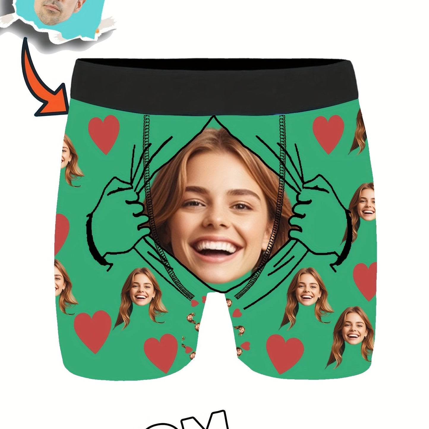 Custom shortie polyester boxers with medium stretch, portrait pattern design, and personalized photo, suitable for Dad, Husband, or Boyfriend. Funny and unique gift option.