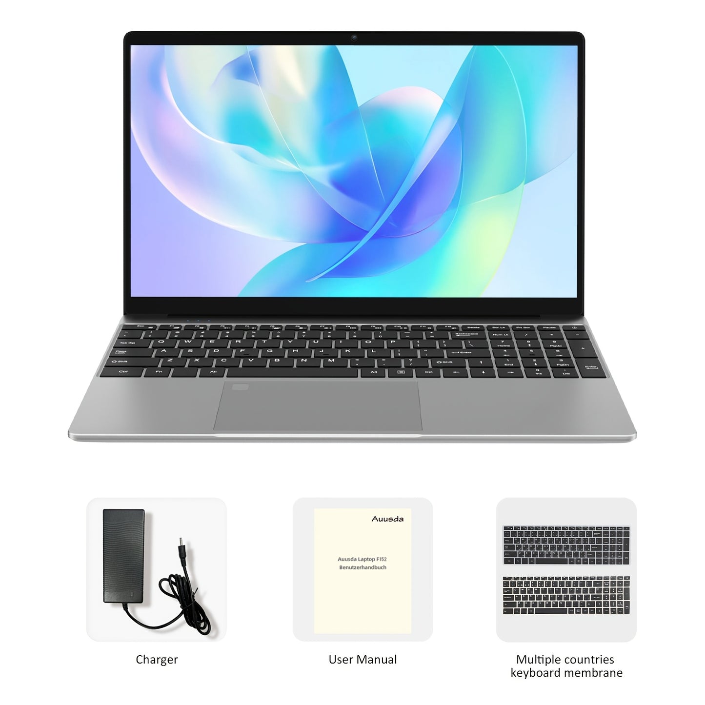 Auusda 15.6-inch laptop with Intel N95 processor, 16GB DDR4 RAM, 512GB SSD, fingerprint boot, FHD IPS LCD, HD webcam, mini HDTV, and USB-A x2.