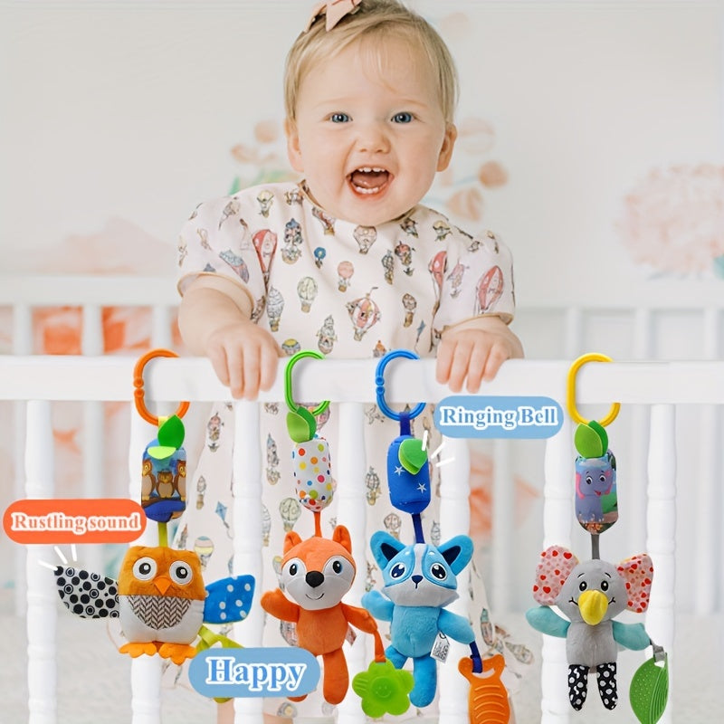 Cute Animal Wind Chime Teething Toy featuring Cartoon Fox, Blue Cat, Monkey, Elephant & Owl - Great for Babies' Crib or Car Seat - Perfect for Christmas, Thanksgiving, Halloween, and Easter gifting.