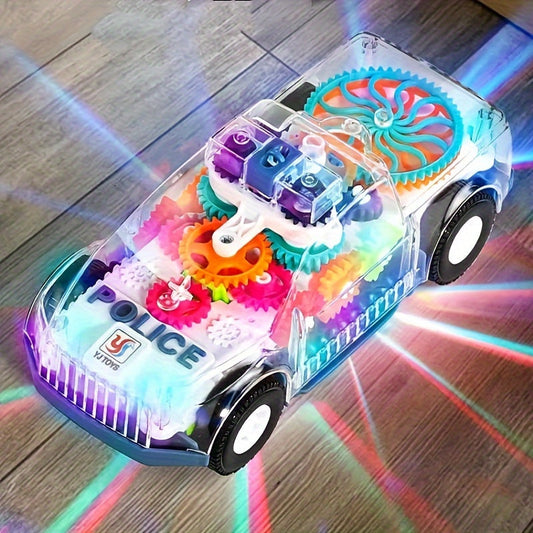 Electric car toy with lights and music, featuring transparent gear and police car design.