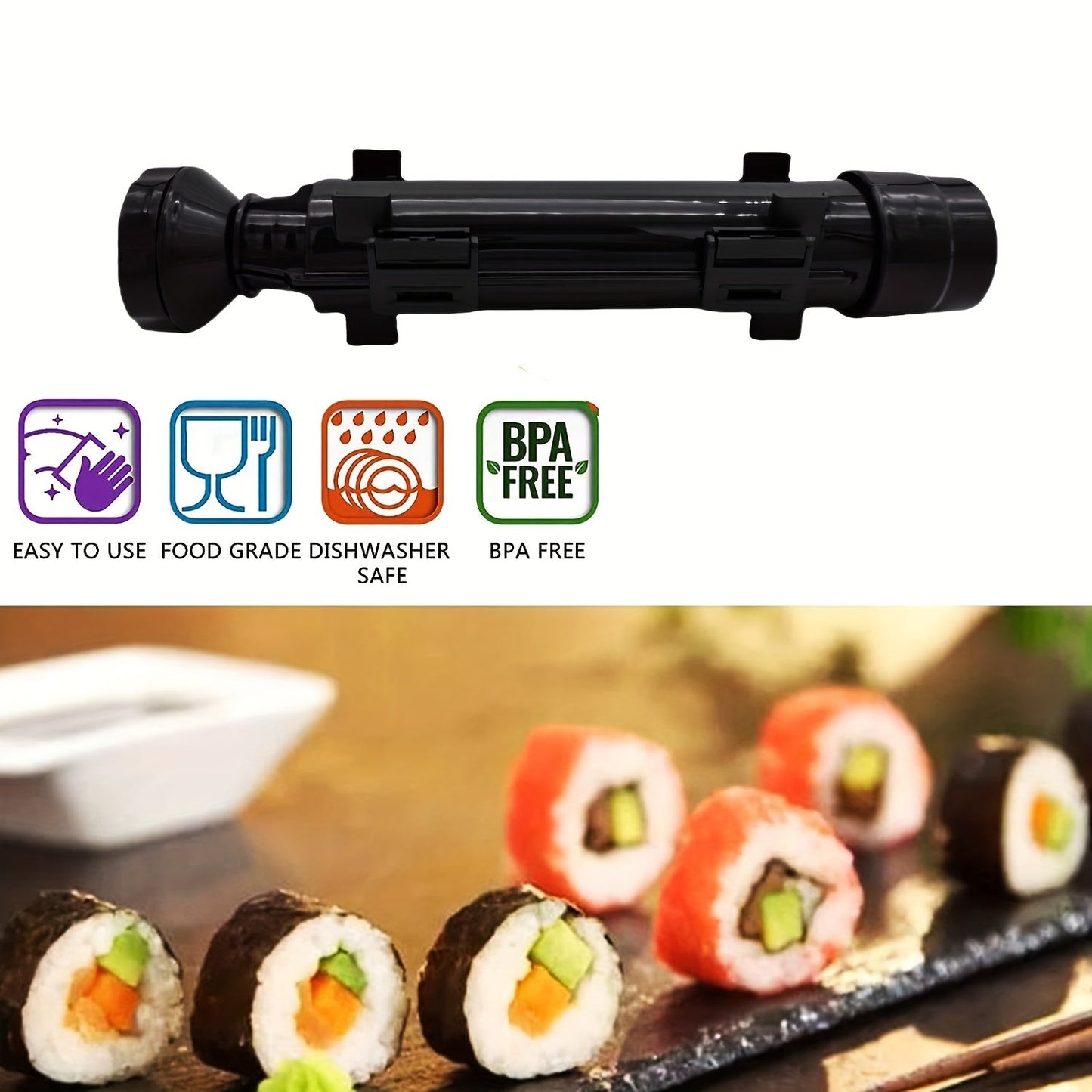 Tools for making DIY sushi, including a round tube sushi mold.