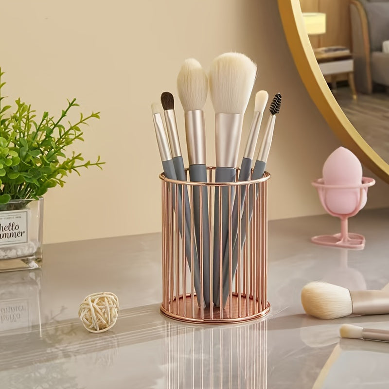 Stylish metal pen holders for makeup brushes, office supplies, and vanity storage.