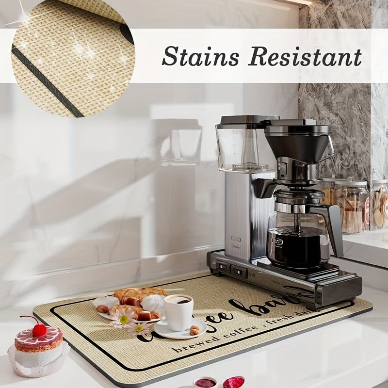 Keep your kitchen clean with the "Coffee Lover" Quick-Dry Coffee Mat, designed with hidden stain absorption and a rubber backing. Perfect for your kitchen counter or coffee bar, this mat is ideal for use with espresso machines and coffee mugs.