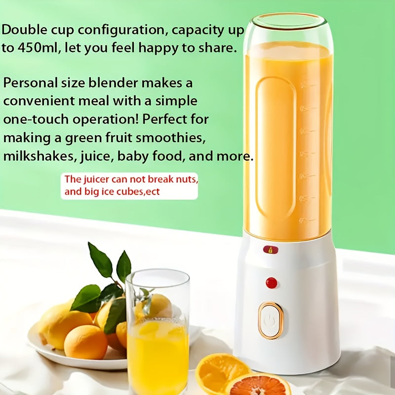 Compact and wireless blender, with a capacity of 450ml and 10-blade powerful mixer. USB rechargeable with a 1500mAh lithium battery, this round plastic juice cup set is perfect for making smoothies, shakes, and crushing ice. Ideal for use at home, dorm