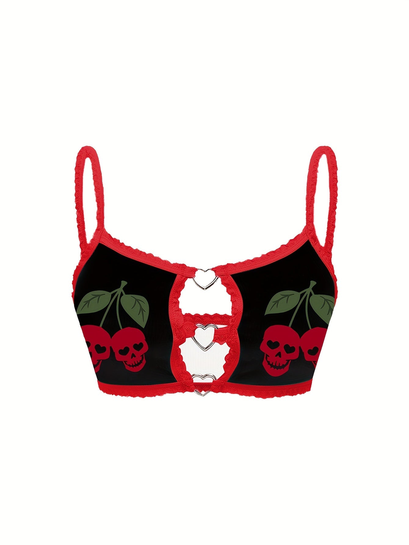 Skull and cherry print lingerie set for women with bra and thong, made of breathable polyester blend, machine washable.