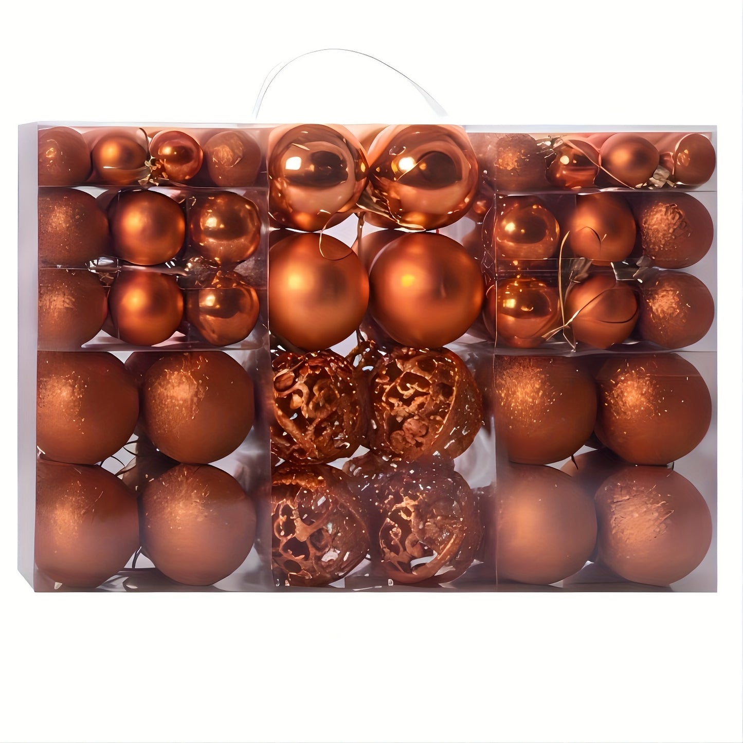 100-piece set of shatterproof plastic Christmas ball ornaments in a hand-held gift box, suitable for holiday decoration. No feathers included.