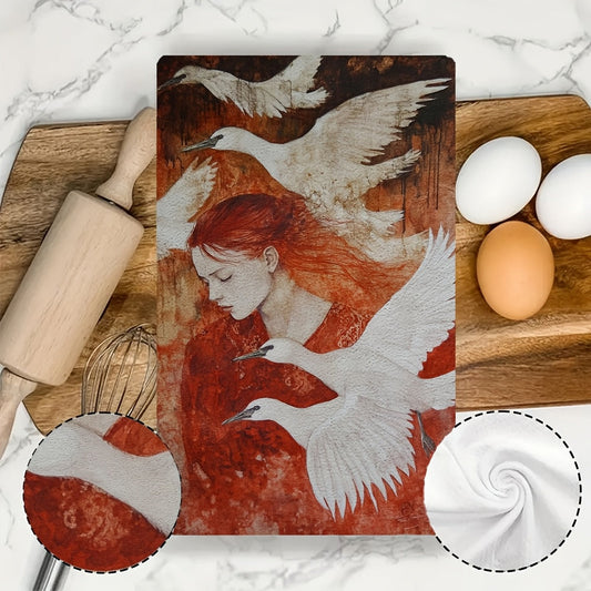 Set of 2 Serene Swan and Red-Haired Woman Art Kitchen Towels - Made of Ultra Soft, Highly Absorbent Polyester Material, Machine Washable, 40.64x60.96 cm - Perfect for Holiday Decor and Daily Use, Dish Hand Towels