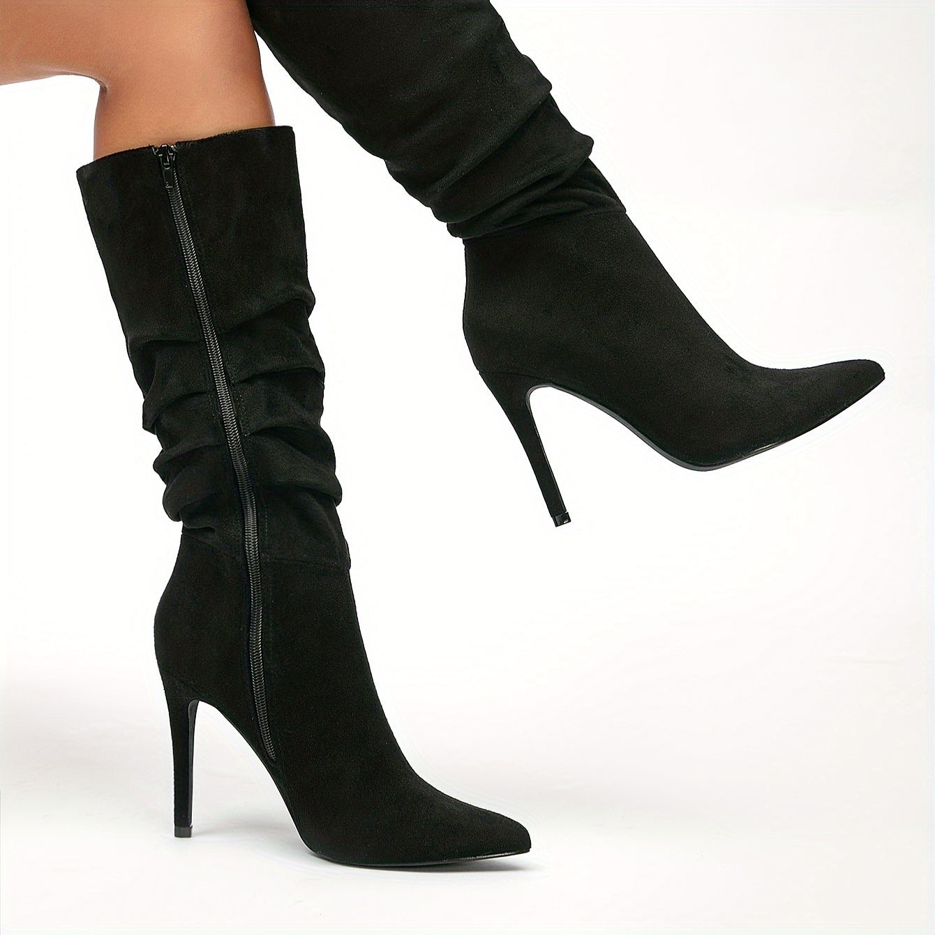 Pleated design long boots for women with point toe and stylish side zipper.