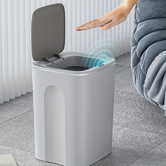 The Smart Touchless Trash Can features automatic open and close functions, operates quietly, and has a waterproof design ideal for home use.