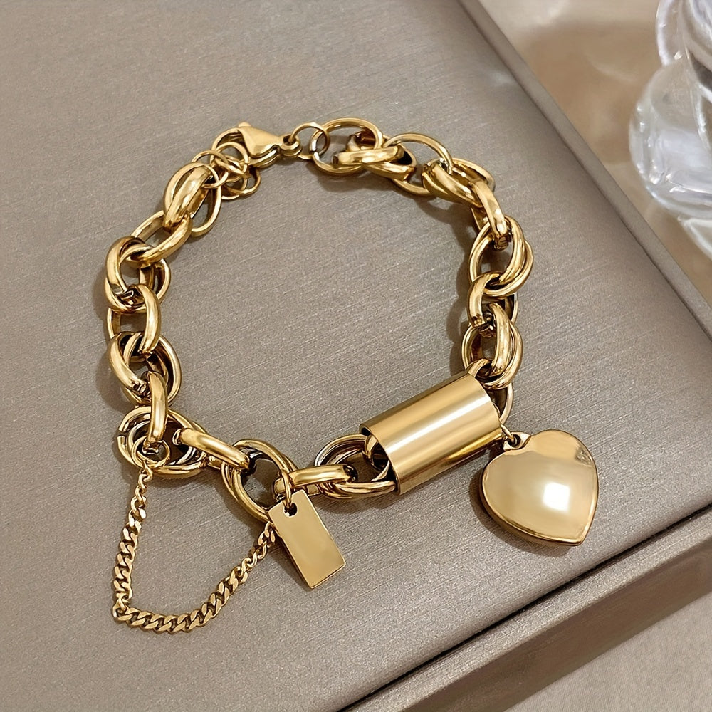 Fashionable heart pendant wrist jewelry made of thick gold-colored stainless steel chain with a punk and chunky design.