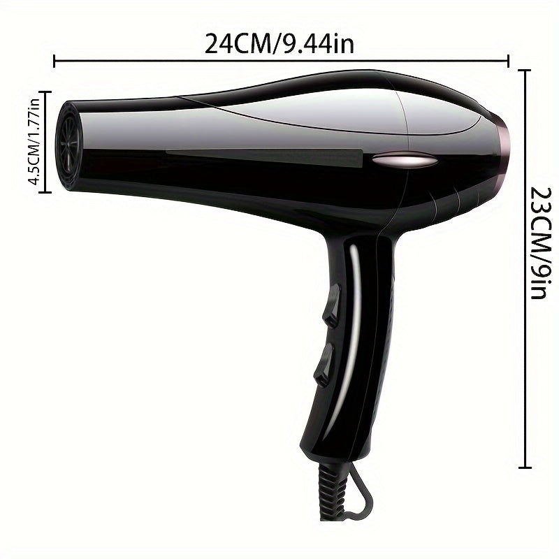 Powerful 2100W hair dryer with fixed handle and European plug. Includes nozzle, adjustable comb, and diffuser attachments. Features 1.5m-3m cord, perfect for home use.