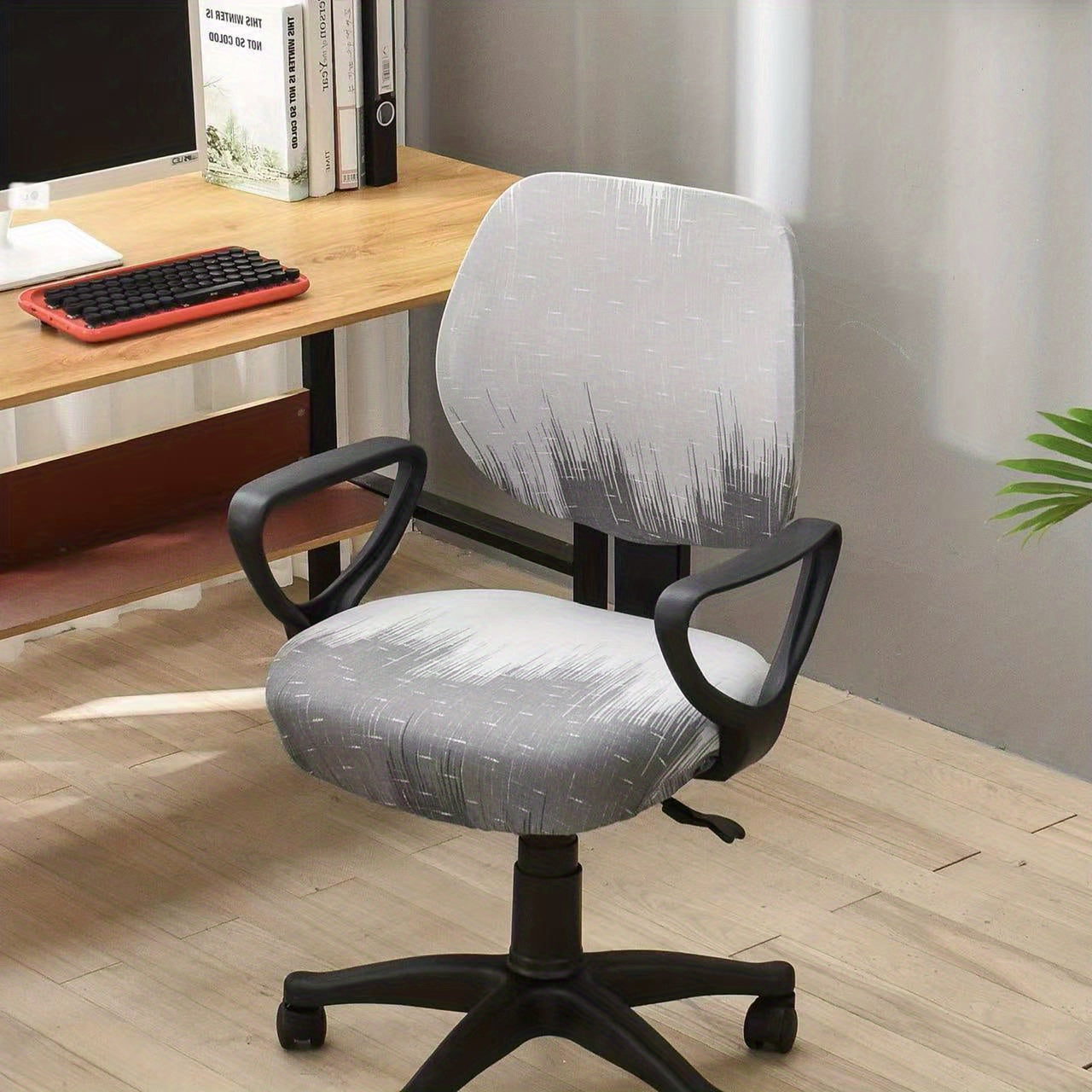 Elastic slipcover for computer dining chair, spandex material, washable and suitable for office or home decor.