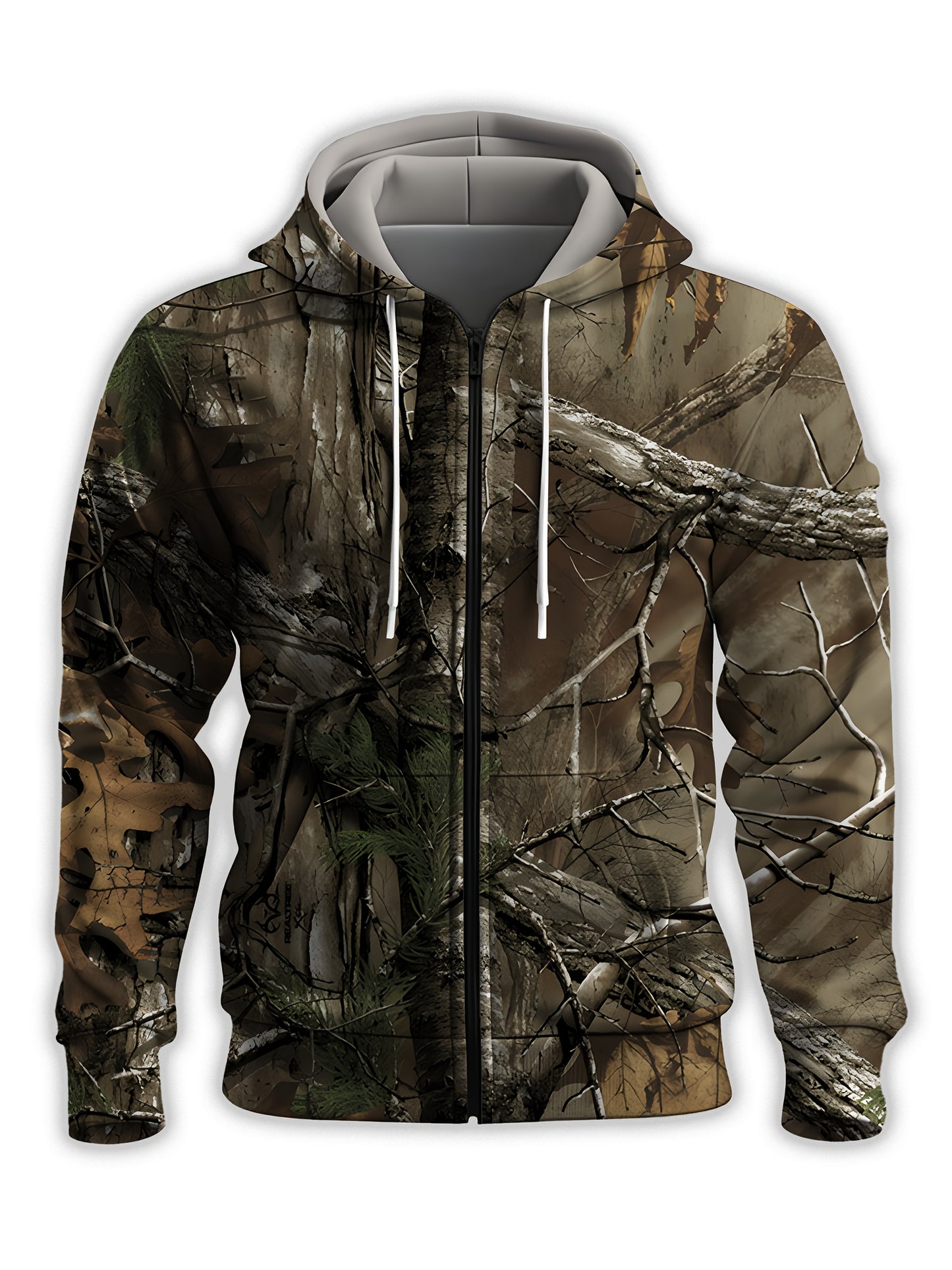 Men's hooded camo jacket in breathable polyester with full-body tree branch print. Features zipper pockets, long sleeves, and a casual outdoor style. Machine washable and available in plus